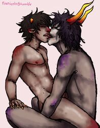 2boys black_hair closed_eyes facepaint gamzee_makara gay grey_skin homestuck horns karkat_vantas ms_paint_adventures muscular_male naked pointy_ears purple_eyes purple_hair sharp_teeth short_hair tongue_out troll white_background yellow_nails