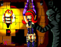 2007 ambiguous_gender ball_gag blue_eyes bondage breast_grab brick_wall chain chained_up daphne_blake deadphoenx female gag gagged hanna-barbera headband long_hair mummy nipples pubic_hair red_hair scooby-doo solo torch