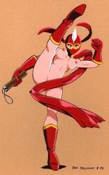 1990s 1995 1girls 20th_century boots breasts curvaceous dan_kellaway dated female female_only human kekko_kamen kekko_kamen_(character) large_breasts light-skinned_female light_skin mask nipples nude nunchaku scarf solo superheroine tagme