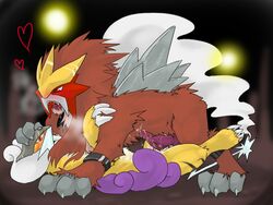 blush color cum entei feral fur interspecies male male_only multiple_males nude penis pokemon raikou side_view tagme yaoi