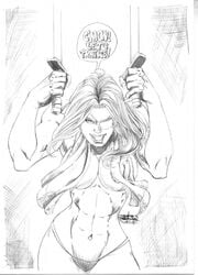 1girls abs breasts dc dc_comics eye_patch female female_only jean_sinclair long_hair monochrome navel ravager_(dc) rose_wilson smile solo sword tagme teen_titans thong