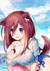 1girls absurdres all_fours animal_ears ball bare_shoulders beachball bikini blue_bikini blue_eyes blue_shirt blue_sky blush breast_hold breasts brown_hair cleavage cloud colored_eyelashes dog_ears dog_tail embarrassed eyelashes female frown furrowed_brow go-toubun_no_hanayome hair_between_eyes hair_over_shoulder highres imoe_(1017933989) kemonomimi_mode large_breasts light-skinned_female light_skin long_hair looking_to_the_side nakano_miku ocean open_mouth shirt shirt_slip signature skindentation sky solo straight_hair sunlight swimsuit tail wavy_mouth wet wet_clothes