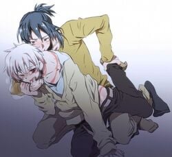 finger_in_mouth gay male multiple_boys nezumi_(no.6) no.6 open_mouth panting scar shion tagme undressing white_hair yaoi