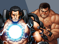 2boys art_of_fighting bara blue_background dark_blue_skin gay gray_background king_of_fighters male male_only maxima_(kof) simple_background snk tagme takuma_sakazaki yaoi zelo-lee zelo_lee