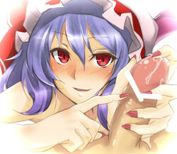 blue_hair blush censored cute_fang female handjob hat makita_(twosidegekilove) nail_polish penis precum red_eyes remilia_scarlet solo touhou