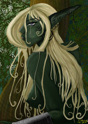 1girls 2010 blonde_hair breasts dark-skinned_female dark_skin drow dungeons_and_dragons ear_piercing earrings elf elf_ears elf_female female female_only half-drow half-elf nature nipples outdoor_nudity outdoors solo solo_female tagme tree