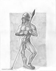 abs ares beard bracers flaccid greek_mythology helmet holding_weapon looking_to_the_side male_only mars muscles muscular mythology no_nipples nude pubic_hair public_domain roman_mythology sandals spear tagme uncut