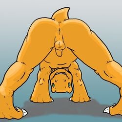 1boy agumon all_fours anthro anthrofied anus ass backsack balls bugman buss digimon dinosaur flaccid foreshortening looking_through_legs male male_only penis perineum perspective rear_view scalie solo uncut