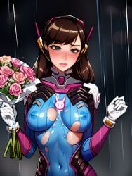 ai_generated blush bodysuit boquet bouquet brown_hair d.va damaged_clothes female female_only flowers holding_flowers holding_object long_hair longjohnsingleduct medium_breasts overwatch rain raining skin_tight skindentation skintight solo solo_female solo_focus standing tight_clothing torn_bodysuit torn_clothes torn_clothing white_gloves