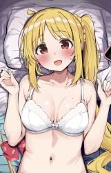 1girls absurd_res absurdres ahoge bed bed_sheet belly belly_button blonde_female blonde_hair blonde_hair_female blue_coat blue_skirt blue_topwear blush blush_lines blushing_at_viewer blushing_female bocchi_the_rock! bra breasts cleavage coat collarbone dot_nose elbows eyebrows_visible_through_hair female female_focus female_only fingers flat_belly high_resolution high_school_student highres ijichi_nijika laying_down laying_on_back laying_on_bed light-skinned_female light_skin long_hair looking_at_viewer navel on_back open_mouth open_mouth_smile orange_eyes orange_eyes_female parted_lips petite petite_body petite_breasts petite_female petite_girl phone pillow ponytail red_ribbon ribbon rouka_(akatyann) school_girl shoulders side_ponytail simple_background skinny skinny_female skinny_girl skinny_waist skirt slender_body slender_waist slim_girl slim_waist small_breasts smile smiling smiling_at_viewer solo sweat sweatdrop sweating sweaty sweaty_body sweaty_breasts sweaty_face teen_girl teenage_girl teenager thin_waist tongue topwear underwear upper_body white_background white_bed white_bed_sheet white_pillow