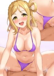 1boy :d ass ass_focus bikini bikini_bottom_aside bikini_top_pull blonde_hair blush braid breasts censored cleavage clothing_aside collarbone commentary_request cowboy_shot crown_braid female highres large_breasts long_hair looking_at_viewer love_live! love_live!_sunshine!! mosaic_censoring multiple_views navel ohara_mari open_mouth penis purple_bikini pussy sex single_hair_ring smile standing stomach straight swimsuit teeth tenpa_(tenpa2190) tongue tsuruyama_(tenten) upper_teeth_only vaginal_penetration yellow_eyes