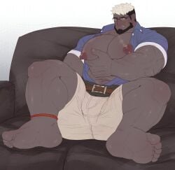 bara beard big_pecs clothing facial_hair ghangaji glasses male male_only muscles muscular sitting solo solo_male spread_legs