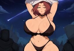 1girls ai_generated dress elden_ring female forest fromsoftware huge_breasts lingerie melina_(elden_ring) mullon night novelai one_eye_closed red_hair shooting_star solo undressing wide_hips yellow_eyes