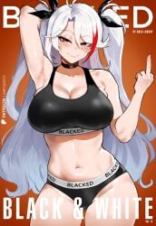 1girls ai_generated antenna_hair azur_lane belly black_panties blacked blacked_clothing golden_eyes light-skinned_female middle_finger multicolored_hair ntr peropero prinz_eugen_(azur_lane) silver_hair