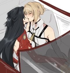 2girls astra_yao black_hair blonde_hair blush blush car clothed evelyn_chevalier hoyoverse kissing seijousai watermark yuri zenless_zone_zero