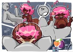 ahoge anon anonymous_character artist_logo artist_signature backass bedroom_eyes big_ass big_breasts blowjob blue_background blush breasts brown_areola brown_nipples brown_skin casual_nudity cheeks_full choking choking_on_cock cock_vein cum_in_mouth cumming cumming_in_mouth eggplant eli_drawings0 erect_penis erection fat_ass female friday_night_funkin friday_night_funkin_mod gray_skinned_male grey_skin handjob huge_ass huge_breasts impostor_human_hijinks interaction_drive jaden_(charles_e_507) jaden_(impostor_human_hijinks) large_breasts not_vs_human_impostor_thank_you_very_much nude peace_sign peach_(fruit) penis pink_hair pink_hair_female polka_dot_background puffy_cheeks purple_tongue short_hair teasing tongue tongue_out vein veins veiny_penis vs_impostor