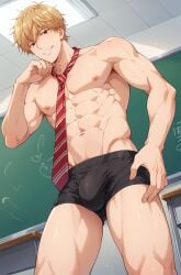 1boy abs ai_generated boxers bulge grin grinning in_classroom kyouya_sata male male_only muscles muscular_male naked necktie ookami_shoujo_to_kuro_ouji penis plagion schoolboy solo_male veiny_penis