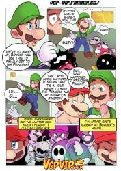 2boys anal anal_sex clothing comic dialogue erection facial_hair fish gansoman green_hat human interspecies luigi male male_only mario mario_(series) nintendo nude_male_clothed_male open_mouth penis red_hat shy_guy sweat sweating tagme vercomicsporno