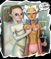 2girls ahsoka_tano alien alien_girl angry arm_around_shoulders armlet armwear background bare_shoulders belt blue_eyes blush bra breast_fondling breast_grab breast_squeeze breasts brown_eyes brown_hair clc1997 cleavage clone_wars clothed clothed_female coat_rack detailed_background dialogue duo embarrassed english_text eyebrows facial_mark facial_markings female female_only femdom femsub fingerless_gloves fit fit_female front_view fully_clothed gloves groping groping_from_behind half-closed_eyes hanger happy holding horn human humanoid indoors interspecies jumpsuit lezdom light-skinned_female light_skin lips lipstick looking_at_mirror looking_at_viewer mirror multiple_girls navel orange_body orange_skin padme_amidala panties pink_bra pink_clothing pink_gloves pink_lipstick pink_panties pink_underwear sad skinny small_breasts smile speech_bubble standing star_wars stomach tentacle tentacle_hair text the_clone_wars:_season_one thin_waist tied_hair togruta underwear vambraces white_clothing young yuri