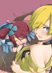 2girls blonde_hair blue_eyes blush breasts closed_eyes cunnilingus elesa_(pokemon) female female_only female_pubic_hair gloves hair_ornament headphones human multiple_females multiple_girls nipples oral oral_sex panties panties_aside pokemon pubic_hair pussy_juice red_hair skyla_(pokemon) small_breasts spread_legs tear tears trembling uncensored underwear vibrator yuri yuuki_maya