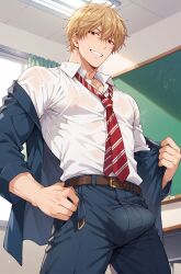 1boy ai_generated blonde_hair bulge clothing cum grin grinning kyouya_sata male male_focus male_only muscular muscular_male ookami_shoujo_to_kuro_ouji penis plagion red_eyes removing_coat schoolboy schoolboy_uniform solo solo_male wet_shirt