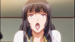 ahe_gao black_eyes black_hair brown_eyes clothes gakuen_3_~karei_naru_etsujoku~ grey_wall long_hair maroon_eyes open_mouth saliva tears tongue tongue_out uniform