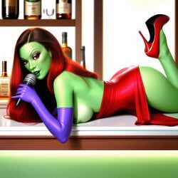 1girls ai_generated areola ass bare_back bare_shoulders black_eyes black_hair bottle breasts breasts_out cosplay disney female gamora green_lips green_skin guardians_of_the_galaxy half-dressed half_naked high_heels holding_object jessica_rabbit_(cosplay) leg_up long_hair looking_at_viewer lying_down lying_on_counter marvel marvel_cinematic_universe microphone nipples purple_gloves red_dress red_hair red_shoes seductive sexy_pose solo solo_female solo_focus stiletto_heels thighs topless topless_female whiskey who_framed_roger_rabbit