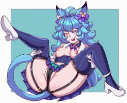 1girls ai.mi blue_eyes blue_hair breasts breasts_out breasts_outside cat_ears catgirl exposed_breasts female female_only garter_straps heterochromia high_heels k1zd3 long_hair medium_breasts nipples omega_strikers panties spread_legs tail thighhighs underwear yellow_eyes