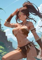 1female 1girl 1girls abs ai_generated brown_hair brown_hair_female dark-skinned_female dark_skin ear_piercing ear_piercings ear_ring ear_rings earring earrings female female_abs female_solo forehead_gem forehead_jewel forest forest_background gem_on_forehead hi_res high_res high_resolution highres jewel_on_forehead jungle jungle_background league_of_legends looking_at_viewer nidalee orange_eyes orange_eyes_female ponytail ponytail_female price_last(artist) riot_games skimpy skimpy_clothes skimpy_costume skimpy_outfit skimpy_panties skimpy_underwear solo_female solo_focus sweat sweatdrop sweatdrops sweating tooth_necklace tribal_markings tribal_tattoo tribal_tattoos