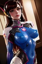 ai_generated bodysuit brown_hair d.va female female_only long_hair longjohnsingleduct medium_breasts overwatch overwatch_2 skin_tight skindentation skintight solo solo_female solo_focus tight_clothing