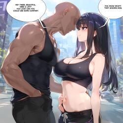 1girls ai_generated black_hair breasts dark-skinned_male dark_skin ecchi_aiart female human interracial large_breasts light-skinned_female light_skin nai_diffusion original original_character purple_eyes stable_diffusion