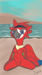 absurd_res anthro ara_(genus) avian bandana beach bedroom bird blue_eyes blue_sky_studios breasts fan_character feathers female hi_res kerchief kneeling macaw neotropical_parrot non-mammal_breasts parrot rio_(series) sand scarlet_macaw shakewell-before-use shore simple_background solo solo_focus spread_legs spreading tail tail_feathers true_parrot