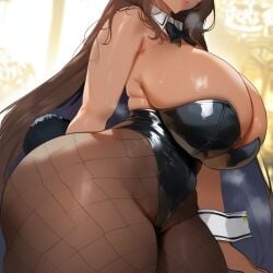 ai_generated big_breasts black_hair blush breasts breasts_bigger_than_head brown_eyes bunny_ears bunny_girl bunny_tail bunnysuit cleavage cosplay dark-skinned_female dark_hair dark_skin fishnets gigantic_breasts girl goddess_of_victory:_nikke hi_res high_resolution highres hollowbeak huge_breasts noir_(nikke) pantyhose shy tagme thighs