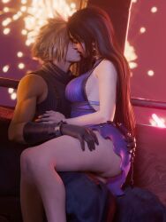 1boy 1girls 3d black_hair blender blonde_hair blue_dress breasts canon_couple closed_eyes cloud_strife couple date dress earrings female ferris_wheel final_fantasy final_fantasy_vii final_fantasy_vii_rebirth final_fantasy_vii_remake fireworks gloves hand_on_ass highres kissing large_breasts long_hair male male/female night ria-neearts romantic sitting_on_lap sleeveless square_enix straight tifa_lockhart