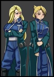 2girls big_breasts blonde_female blonde_hair blue_eyes blue_uniform blush blush_lines female female_only fullmetal_alchemist hair_over_one_eye long_hair makujira military_uniform olivier_mira_armstrong orange_eyes riza_hawkeye uniform