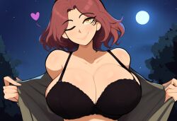 1girls ai_generated dress elden_ring female forest fromsoftware huge_breasts melina_(elden_ring) mullon night novelai one one_eye_closed red_hair smile solo undressing yellow_eyes