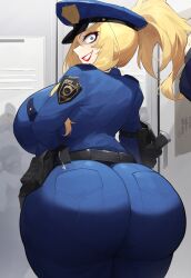 blonde_hair blue_eyes crazy_eyes eyeshadow huge_ass huge_breasts locker_room officer_val_(lubbasdump) plump_ass police police_hat police_officer police_uniform policewoman smirking wide_hips