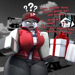 1girls ? anger_symbol angry big_breasts breasts breasts_bigger_than_head cleavage dialogue eyebrow_raise eyelashes freckles gift hat letterman_jacket nearlyepoint pants pussy_bulge question_mark racism racist racist_woman red_jacket roblox rubensim rule_63 tsundere youtube