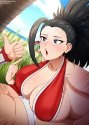 1boy 1boy1girl 1girls big_breasts black_eyes black_hair blush imminent_sex long_hair momo_yaoyorozu muscular muscular_male my_hero_academia neocoill open_mouth pointing ponytail shouto_todoroki swimsuit thumbs_up