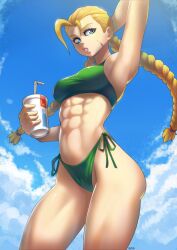 1girls abs bikini bikini_bottom bikini_top blonde_hair blue_eyes bottomwear braid braided_hair breasts cammy_white capcom drink female female_only gez1313 green_bikini hair hand_behind_head hips holding_drink lips medium_breasts muscular muscular_female scar scar_on_face solo solo_female street_fighter swimwear thighs topwear wide_hips