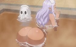 1girl animated animated_gif anime_screencap bathing big_butt bubble_butt butt_crack curvy curvy_figure cuvaceous dark-skinned_female dark_elf dark_skin elf elf-san_wa_yaserarenai fangs fat_ass female gif huge_butt kuroeda long_hair naked nude plump pointy_ears purple_hair solo steam suprised thick_thighs thighs voluptuous voluptuous_female wide_hips