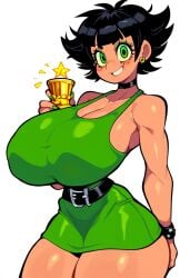 1female 1girl 1girls ai_generated belt big_boobs big_breasts big_tits black_belt black_hair black_hair_female buttercup_(powerpuff_girls) cartoon_network curvy curvy_body curvy_female curvy_figure dan16369336 dress female female_only green_dress muscular muscular_female powerpuff_girls purple_eyelids short_hair short_hair_female skimpy_clothes skimpy_dress sole_female tagme trophy twitter_link wide_hips