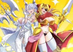 2girls clothing demon demon_girl duel_monster female fertility_symbol gloves hatano_kiyoshi hi_res huge_breasts labrynth_of_the_silver_castle legwear lovely_labrynth_of_the_silver_castle mark navel pose red_eyes silver_eyes smile underwear weapon white_hair yu-gi-oh!