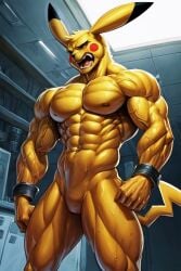 abs ai_generated anthro athletic athletic_anthro athletic_male biceps big_muscles bondage bound fur generation_1_pokemon growth male muscle_growth muscular muscular_anthro muscular_arms muscular_male muscular_thighs navel nipples nude pecs pikachu pokemon pokemon_(species) restraints screaming solo standing steroids transformation triceps veiny_arms veiny_biceps veiny_muscles veiny_triceps yellow_body yellow_fur