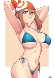 1girls armpits belly_button big_breasts bikini bikini_bottom bikini_top blue_bikini blue_eyes bottomwear breasts brown_hair cleavage female female_only game_freak gez1313 hair hands_behind_head headband headwear huge_breasts human jpeg looking_at_viewer may_(pokemon) pokemon pokemon_rse smile smiling_at_viewer solo solo_female swimwear topwear