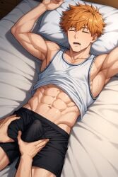 1boy ai_generated blue_lock cum gay ginger ginger_hair hatopo005 kunigami_rensuke male male_focus male_only muscular muscular_male penis solo_male yaoi