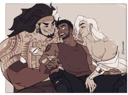 baptiste fully_clothed koiicake lifeweaver male male/male male_only mauga overwatch overwatch_2 suggestive threesome touching