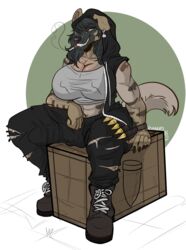 1futa 2017 anthro balls black_hair breasts bulge cameltail cigarette cleavage clothed clothing curvy digital_media_(artwork) ear_piercing erect_nipples erection erection_under_clothes ezukapizumu footwear fur futa_only futanari hair hermvivi hoodie huge_breasts huge_penis hyena intersex large_balls looking_at_viewer mammal midriff muscular muscular_futanari nails nipple_bulge nipples penis penis_outline penis_under_clothes piercing shoes signature simple_background sitting smile smoking solo stripes torn_clothes