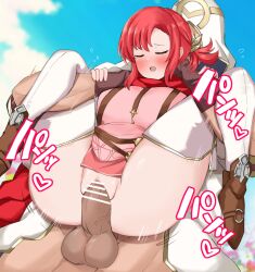 1boy 1girls bare_thighs blush boots breasts closed_eyes clothed_sex cloud covered_nipples dress female female_focus fire_emblem fire_emblem:_mystery_of_the_emblem fire_emblem_heroes flower flower_field full_nelson full_nelson_vaginal gloves japanese_text kiran_(fire_emblem) kiran_(fire_emblem)_(male) large_breasts m_legs male motion_lines nintendo norne_(fire_emblem) open_mouth outdoors pelvic_curtain penis ponytail pussy red_hair sex short_hair smile solo_focus sound_effects spread_legs suspenders testicles text thighhighs thighs toshimasa translation_request vaginal_penetration