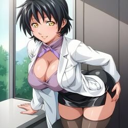 1girls ai_generated arm_support ass bible_black bible_black_only big_ass big_breasts black_hair blush breasts center_opening chillykl cleavage coat curvaceous curvy curvy_figure huge_ass huge_breasts indoors labcoat large_breasts lipstick makeup mature mature_female milf minase_yukiko pencil_skirt presenting presenting_self revealing_clothes round_ass shirt short_hair skimpy skimpy_clothes skirt solo stockings teacher upper_body voluptuous wide_hips yellow_eyes